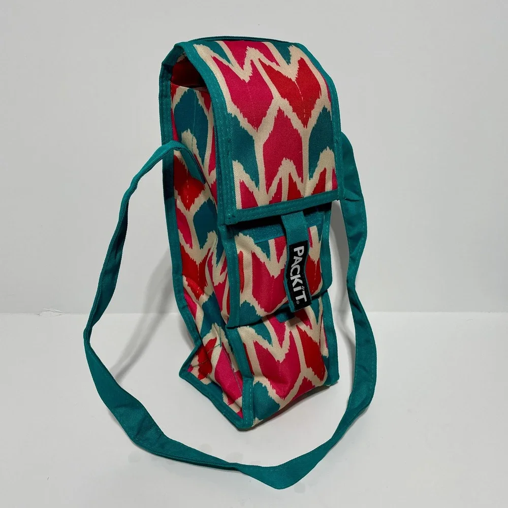 PackIt Freeze+Go Single Wine Cooler Bag Insulated Pink Teal Ikat Freezable Gel